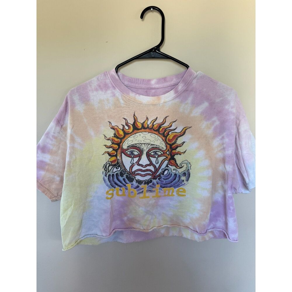 Sublime Pastel Tie Dye Sun Graphic Raw Hem Crop Top - Size Medium